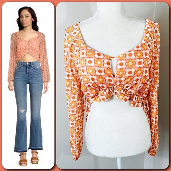 Madden NYC 70s Orange Floral Cropped Keyhole Top with Long Sleeves - LARGE - Picture 1 of 13